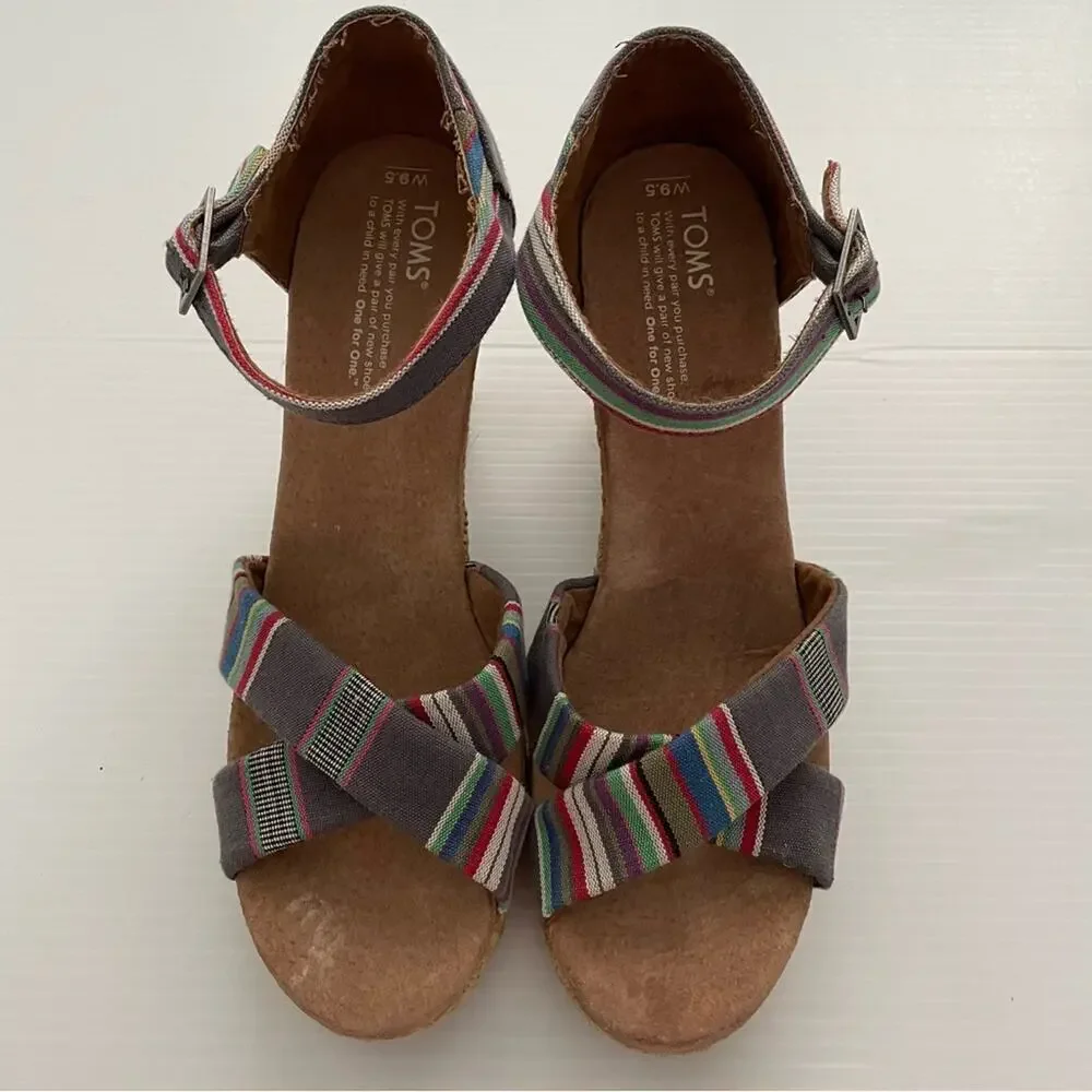 Toms Sienna striped strappy wedge sandals size 9.5 W